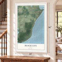 Beach City, Texas map, 24 x 36 inch print in a white frame by a staircase