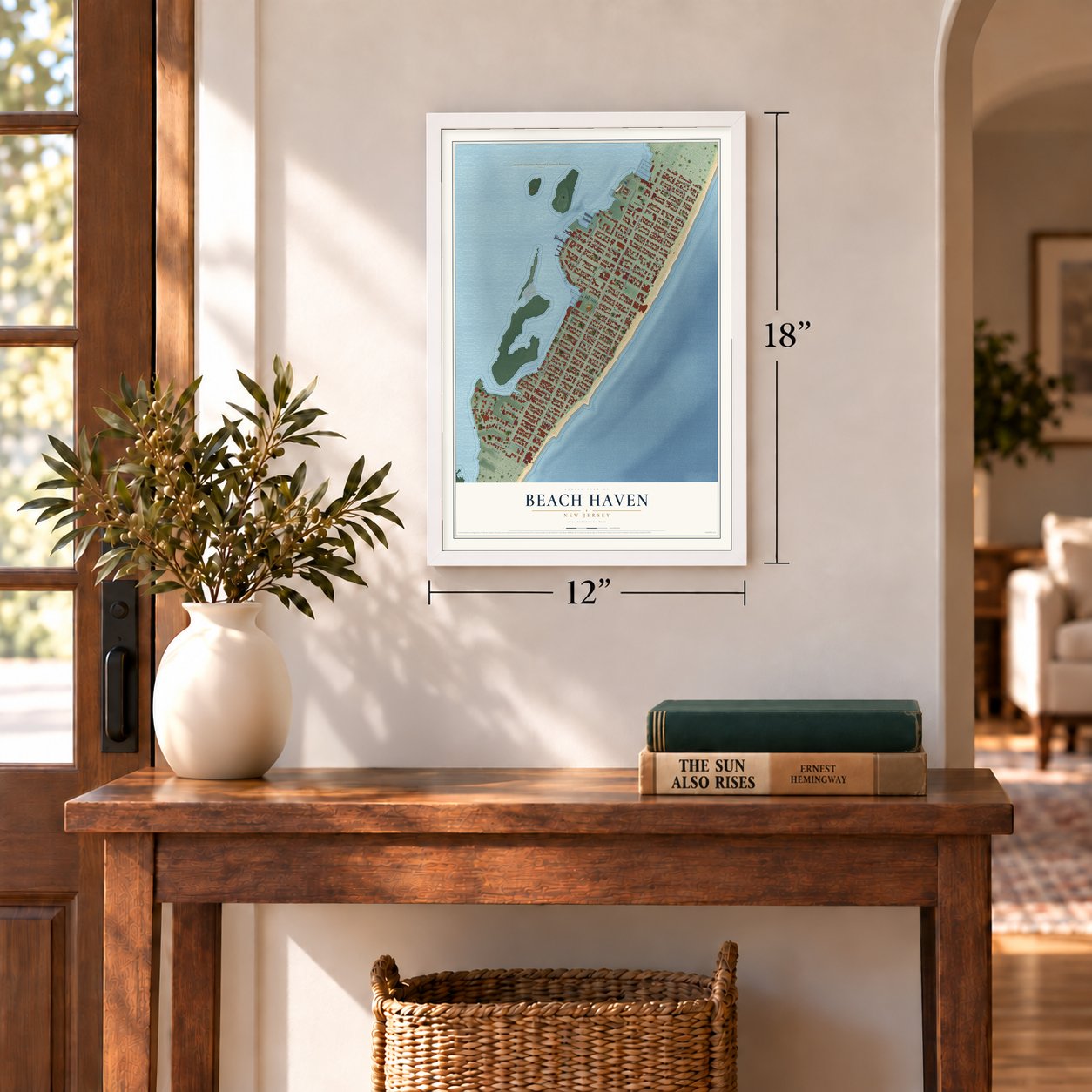 Beach Haven, New Jersey map, 12 x 18 inch print in a white frame in an entryway