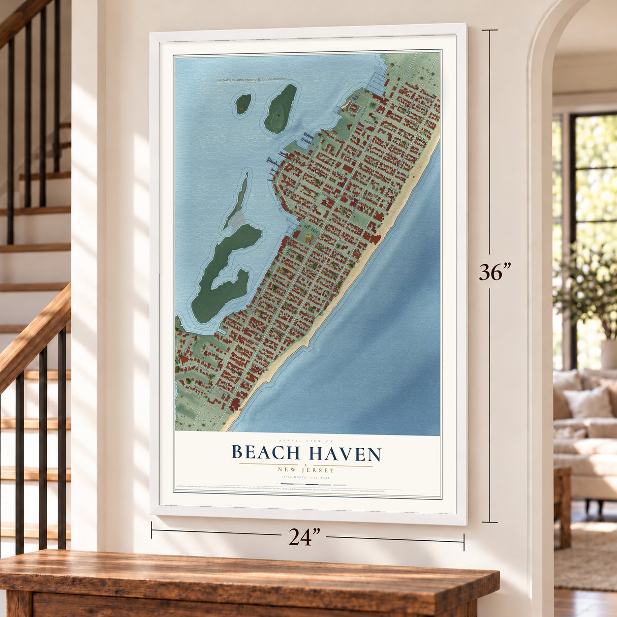 Beach Haven, New Jersey map, 24 x 36 inch print in a white frame by a staircase