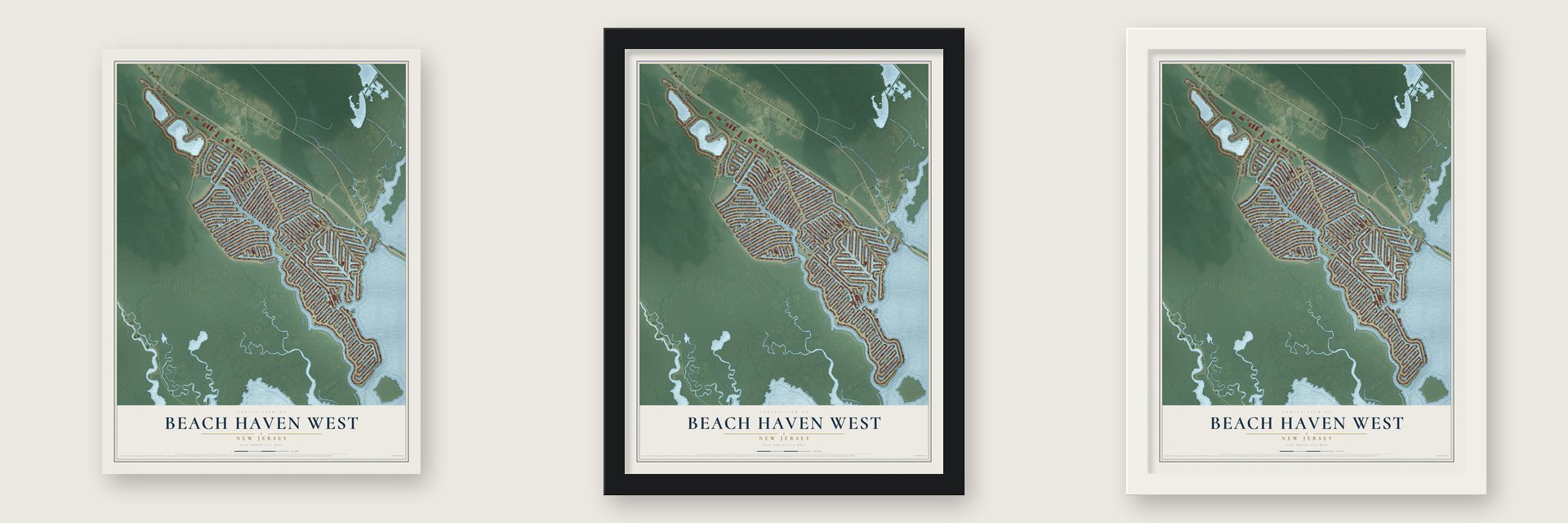 Beach Haven West, New Jersey map unframed, in a black wood frame and in a white wood frame