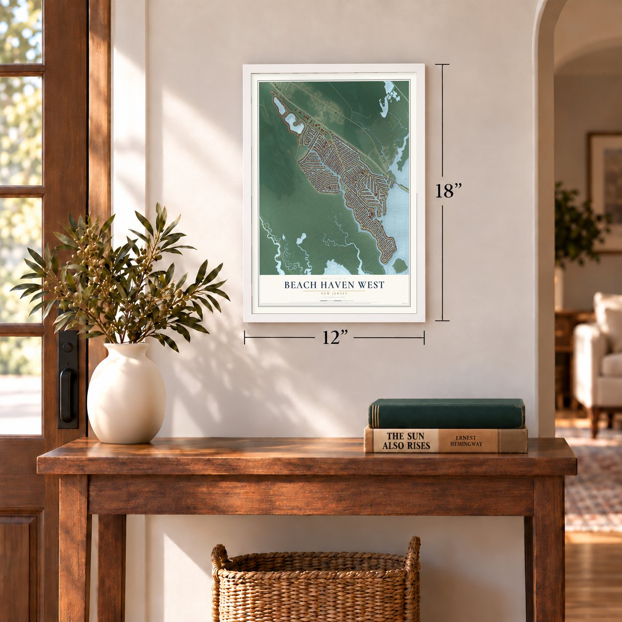 Beach Haven West, New Jersey map, 12 x 18 inch print in a white frame in an entryway
