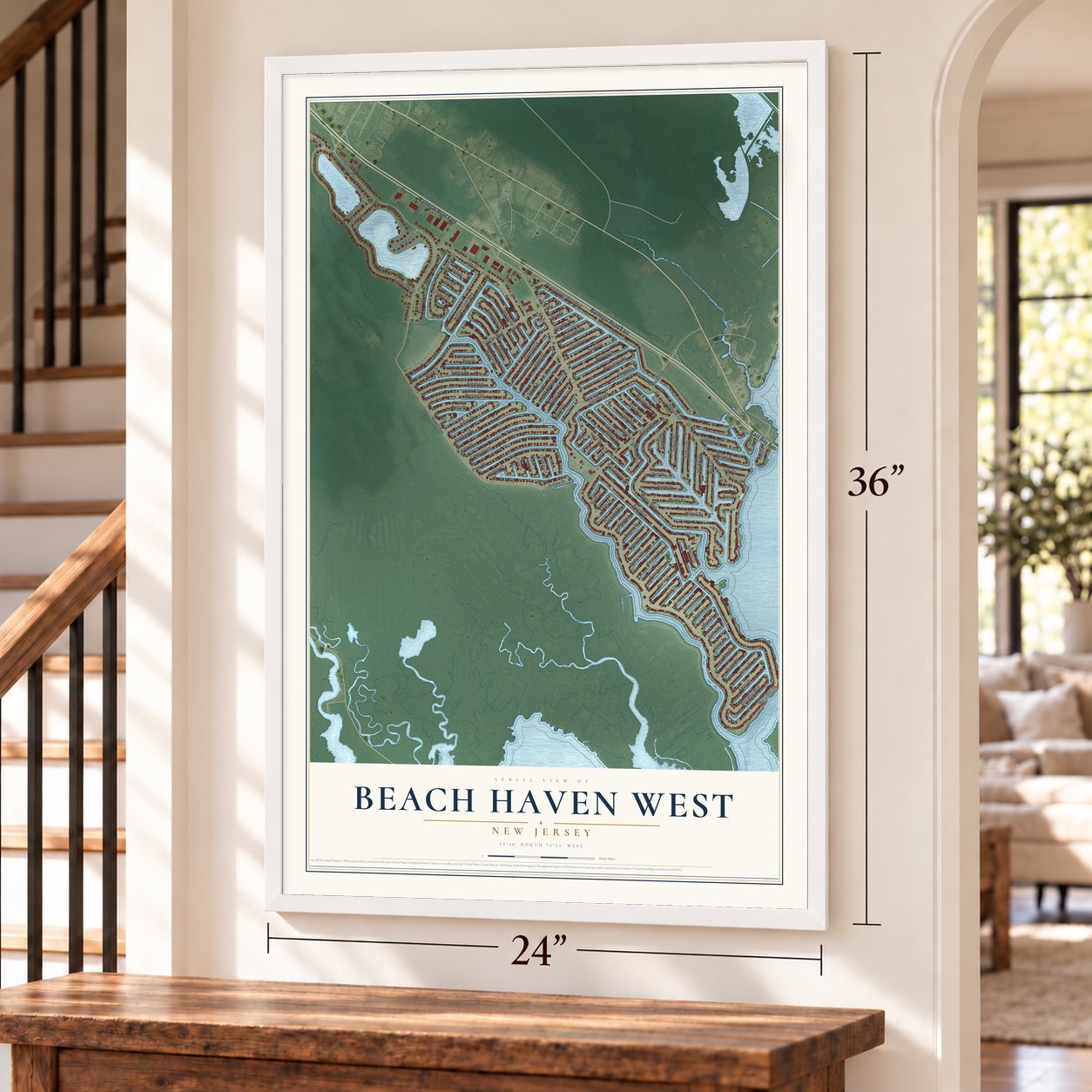 Beach Haven West, New Jersey map, 24 x 36 inch print in a white frame by a staircase