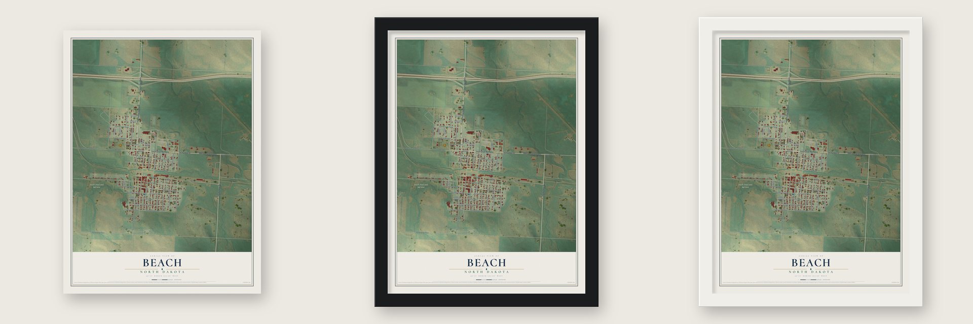 Beach, North Dakota map unframed, in a black wood frame and in a white wood frame