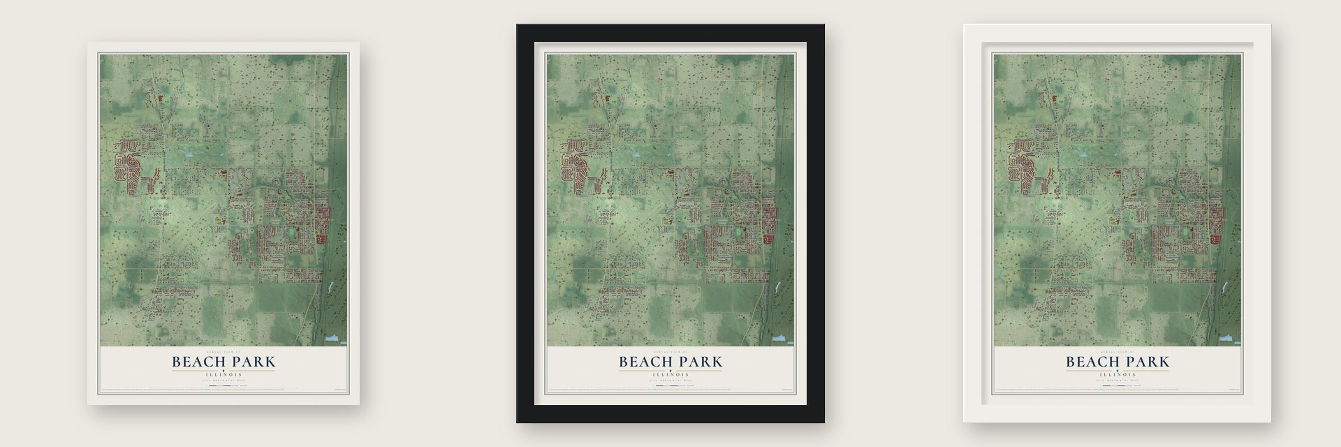 Beach Park, Illinois map unframed, in a black wood frame and in a white wood frame