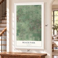 Beach Park, Illinois map, 24 x 36 inch print in a white frame by a staircase