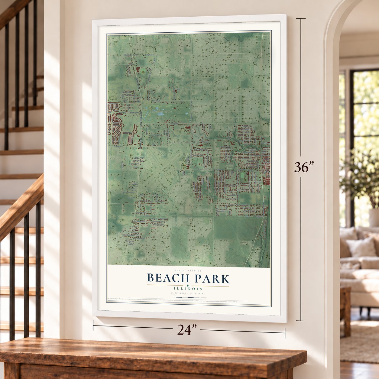 Beach Park, Illinois map, 24 x 36 inch print in a white frame by a staircase