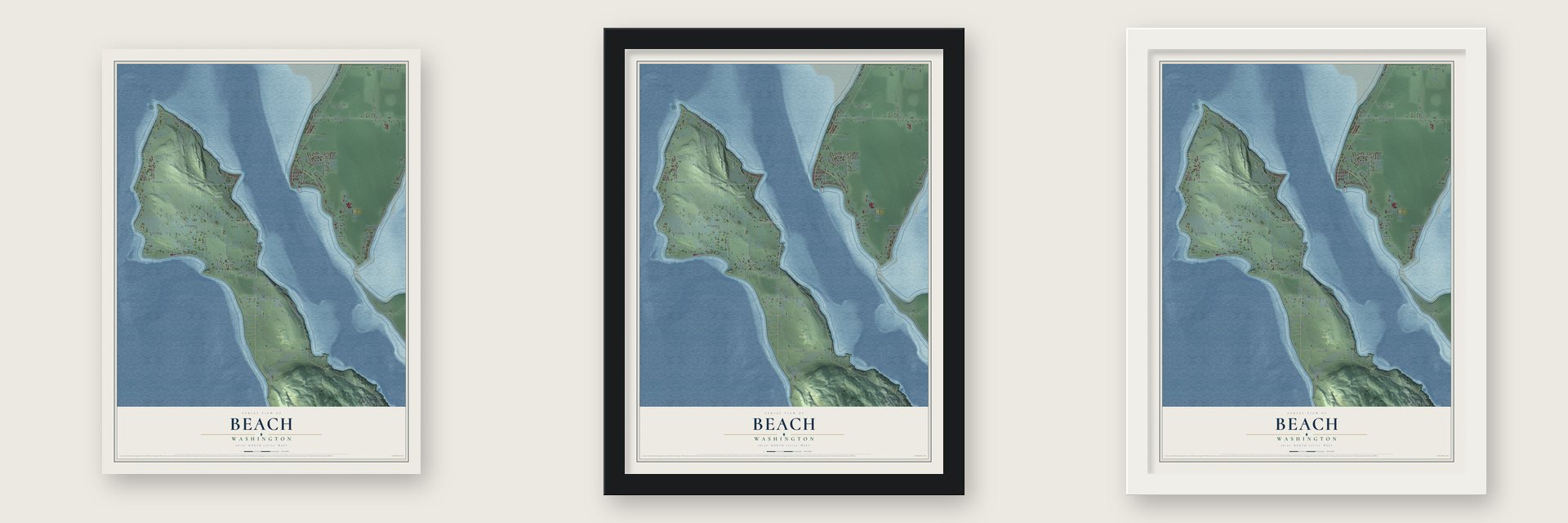Beach, Washington map unframed, in a black wood frame and in a white wood frame