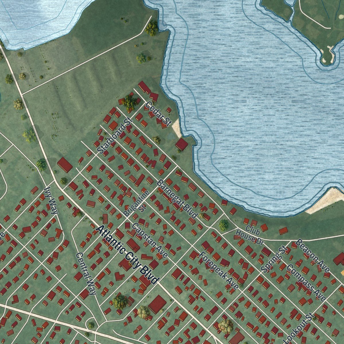 Second close-up of the map of Beachwood, New Jersey print showing more streets and buildings
