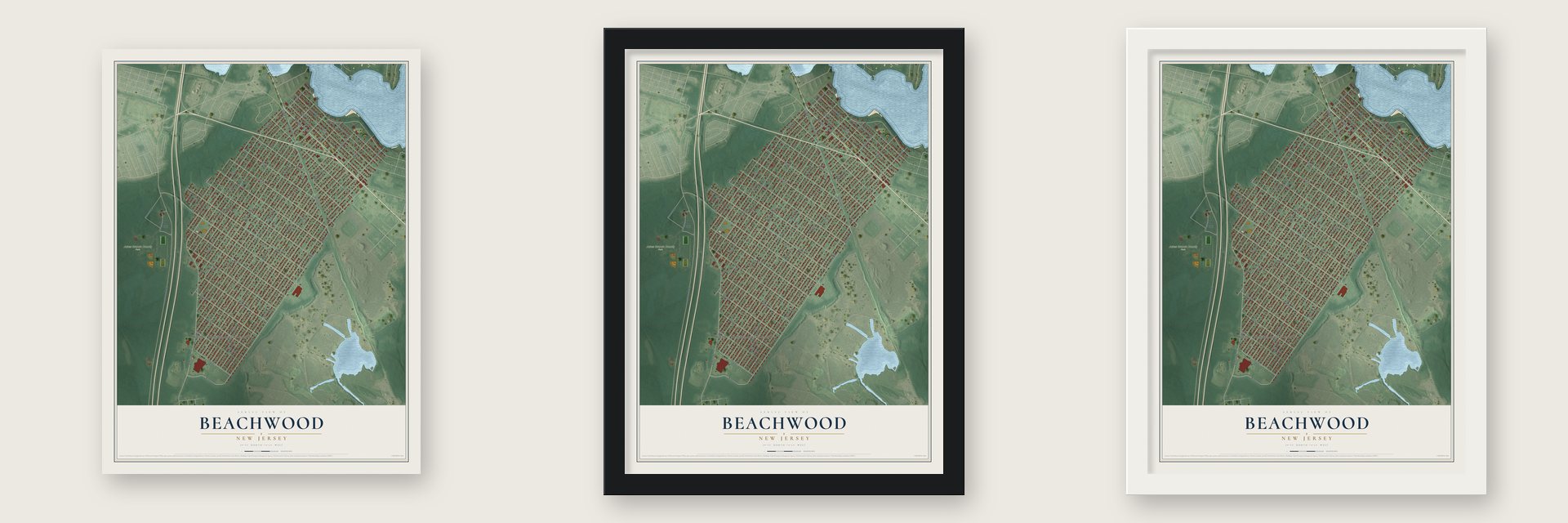 Beachwood, New Jersey map unframed, in a black wood frame and in a white wood frame