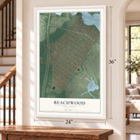 Beachwood, New Jersey map, 24 x 36 inch print in a white frame by a staircase