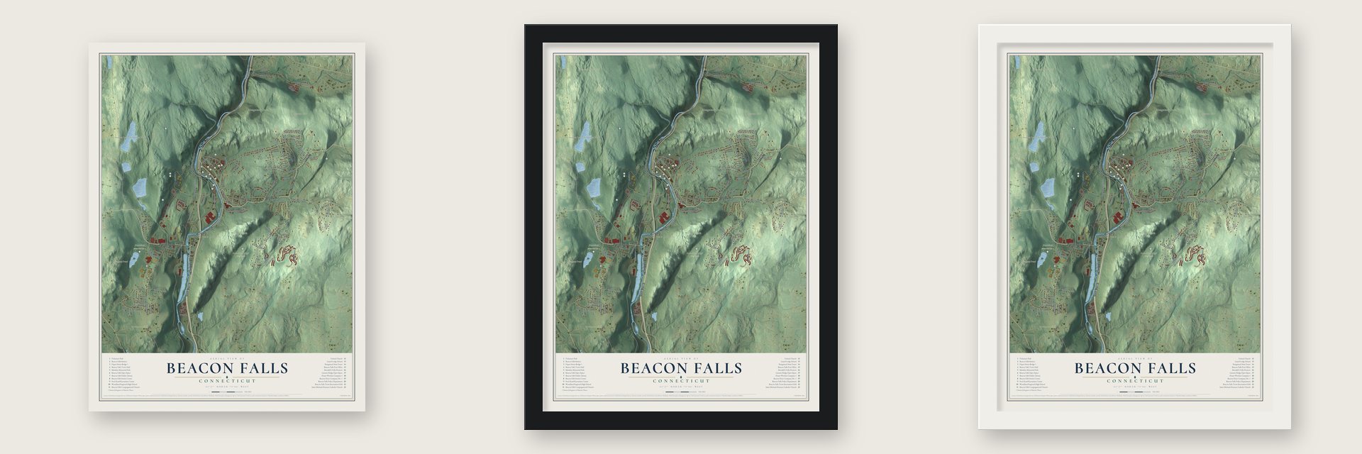 Beacon Falls, Connecticut map unframed, in a black wood frame and in a white wood frame