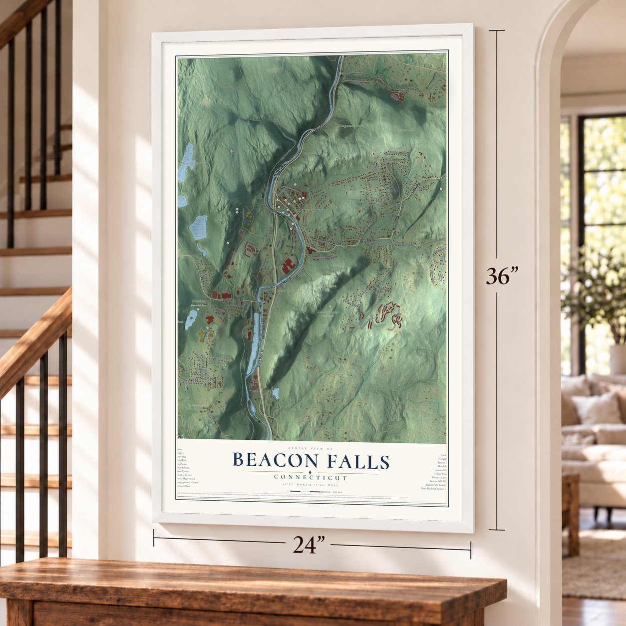 Beacon Falls, Connecticut map, 24 x 36 inch print in a white frame by a staircase