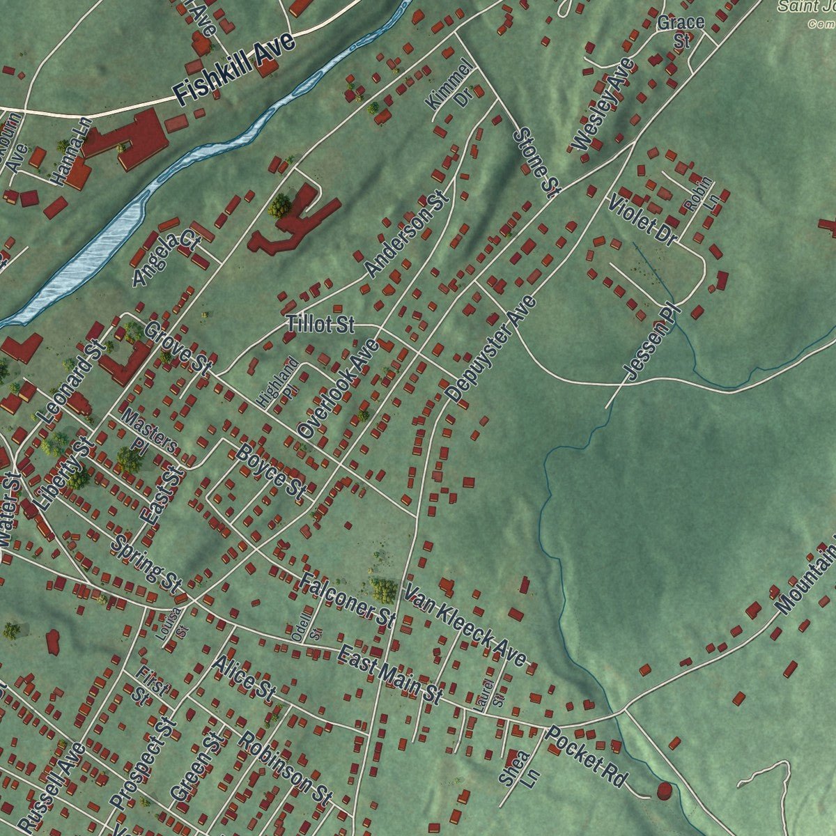 Second close-up of the map of Beacon, New York print showing more streets and buildings