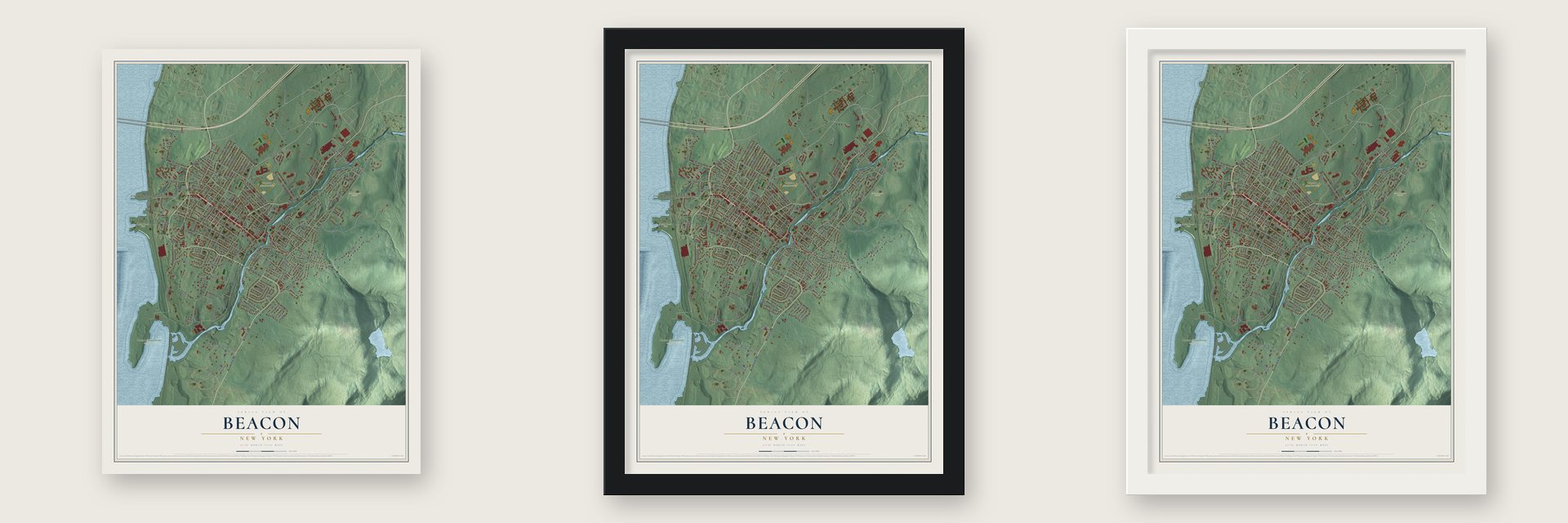 Beacon, New York map unframed, in a black wood frame and in a white wood frame