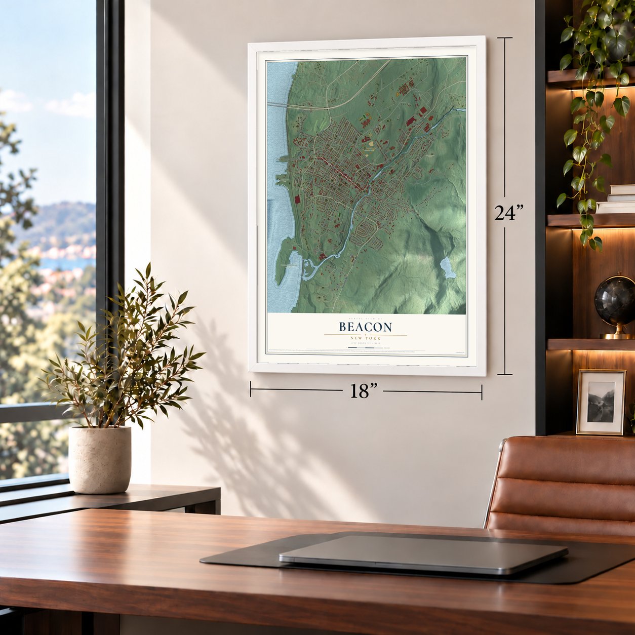 Beacon, New York map, 18 x 24 inch print in a white frame in a home office
