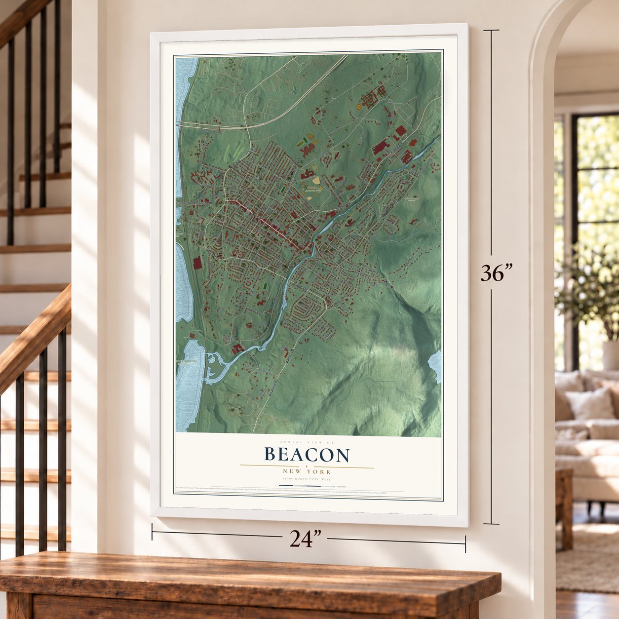 Beacon, New York map, 24 x 36 inch print in a white frame by a staircase