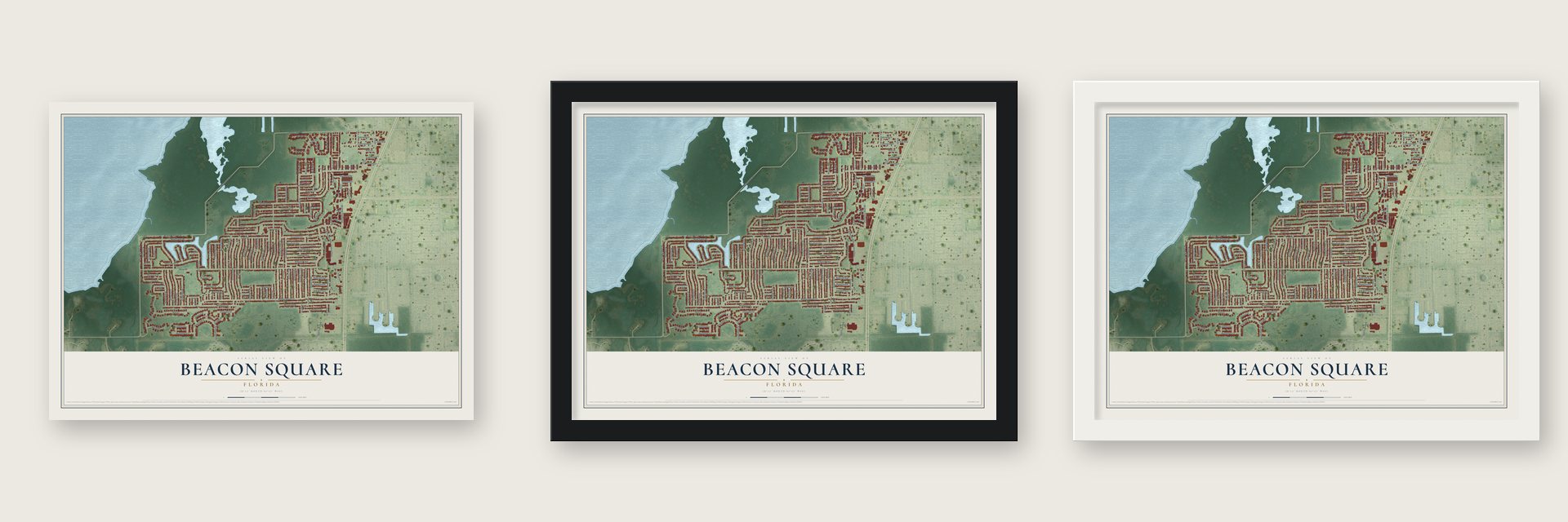 Beacon Square, Florida map unframed, in a black wood frame and in a white wood frame