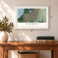 Beacon Square, Florida map, 12 x 18 inch print in a white frame in an entryway