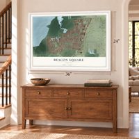 Beacon Square, Florida map, 24 x 36 inch print in a white frame above a dresser by a staircase