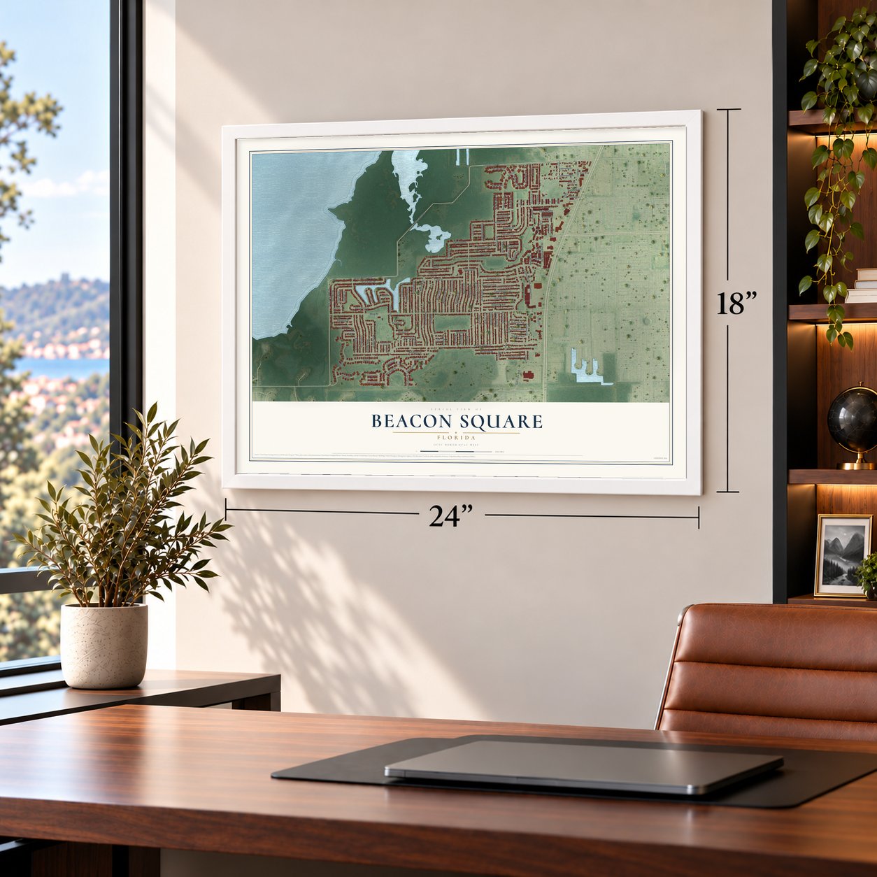 Beacon Square, Florida map, 18 x 24 inch print in a white frame in a home office