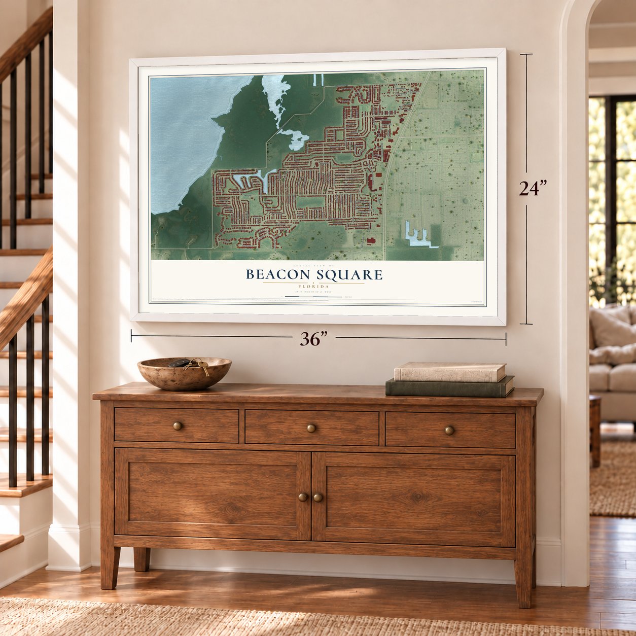 Beacon Square, Florida map, 24 x 36 inch print in a white frame above a dresser by a staircase