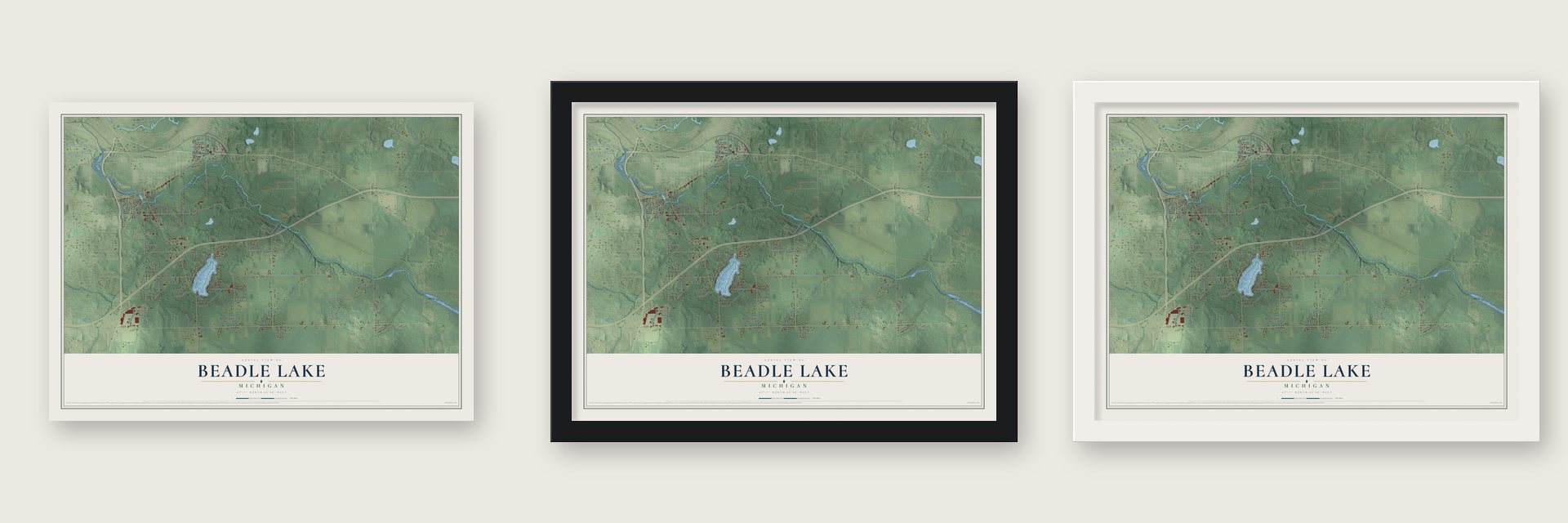 Beadle Lake, Michigan map unframed, in a black wood frame and in a white wood frame