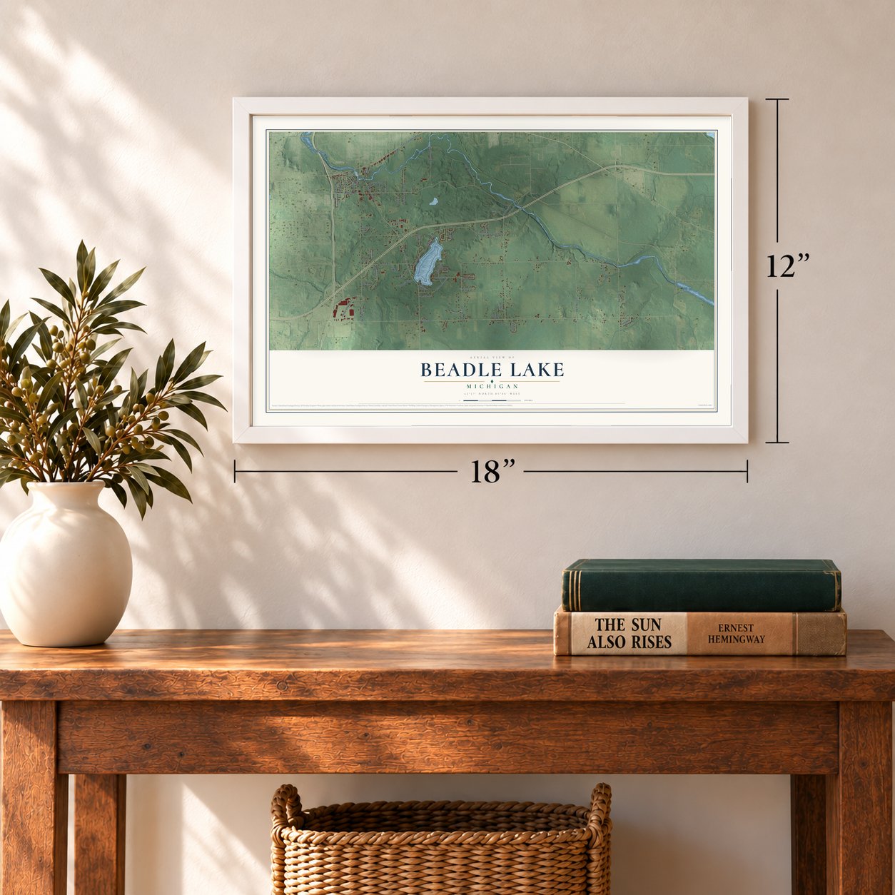 Beadle Lake, Michigan map, 12 x 18 inch print in a white frame in an entryway