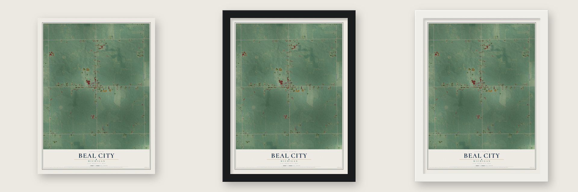 Beal City, Michigan map unframed, in a black wood frame and in a white wood frame