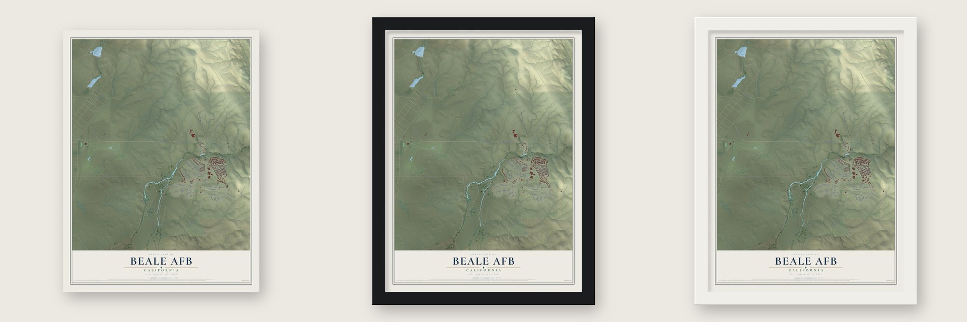 Beale AFB, California map unframed, in a black wood frame and in a white wood frame