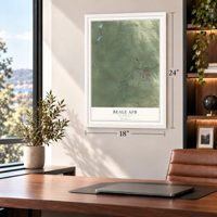 Beale AFB, California map, 18 x 24 inch print in a white frame in a home office
