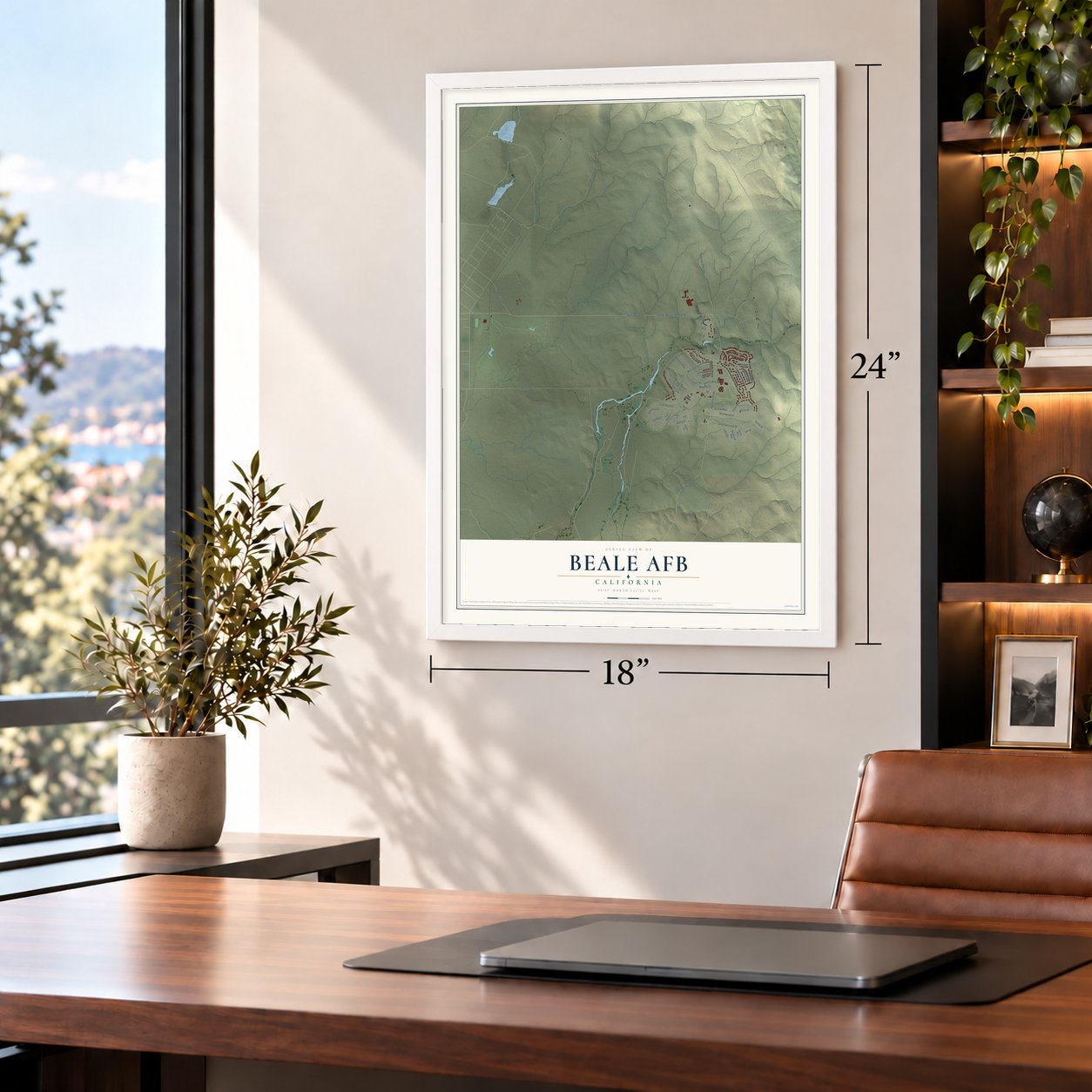 Beale AFB, California map, 18 x 24 inch print in a white frame in a home office