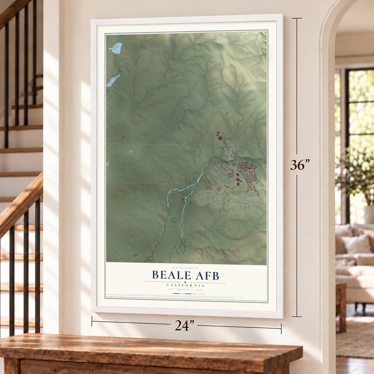 Beale AFB, California map, 24 x 36 inch print in a white frame by a staircase