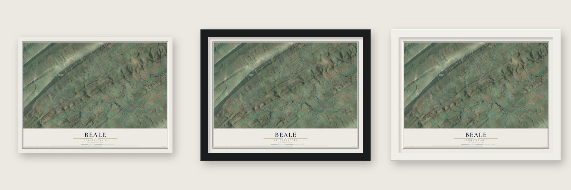 Beale, Pennsylvania map unframed, in a black wood frame and in a white wood frame