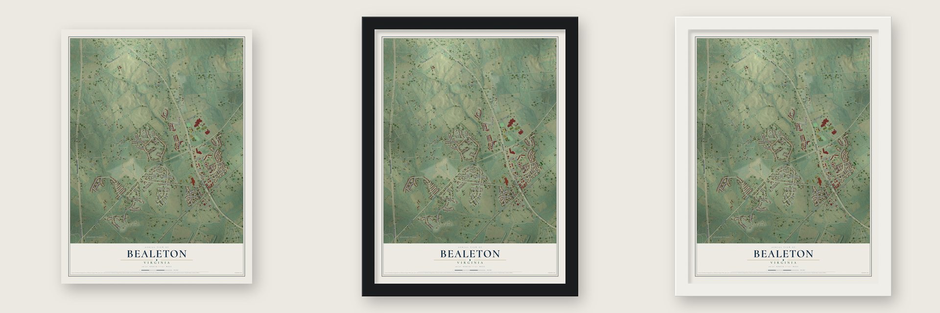 Bealeton, Virginia map unframed, in a black wood frame and in a white wood frame