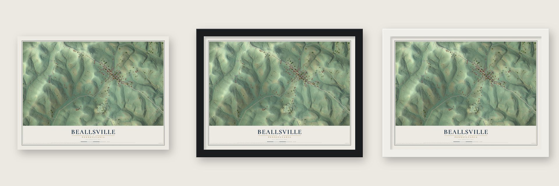 Beallsville, Pennsylvania map unframed, in a black wood frame and in a white wood frame