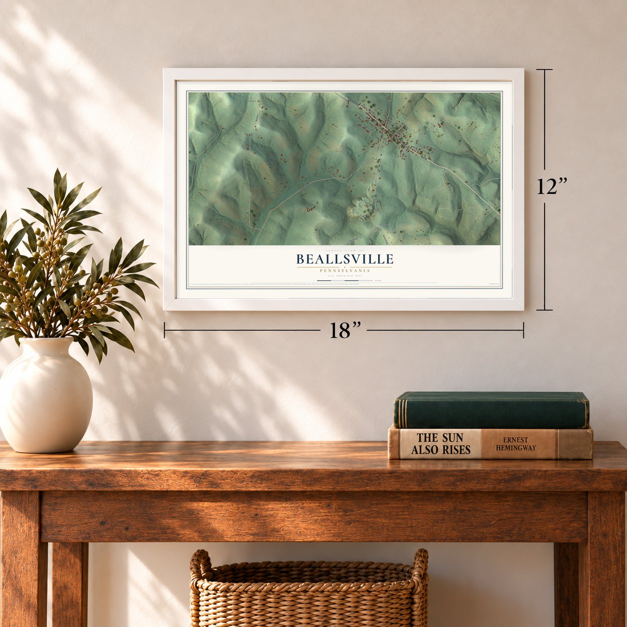 Beallsville, Pennsylvania map, 12 x 18 inch print in a white frame in an entryway