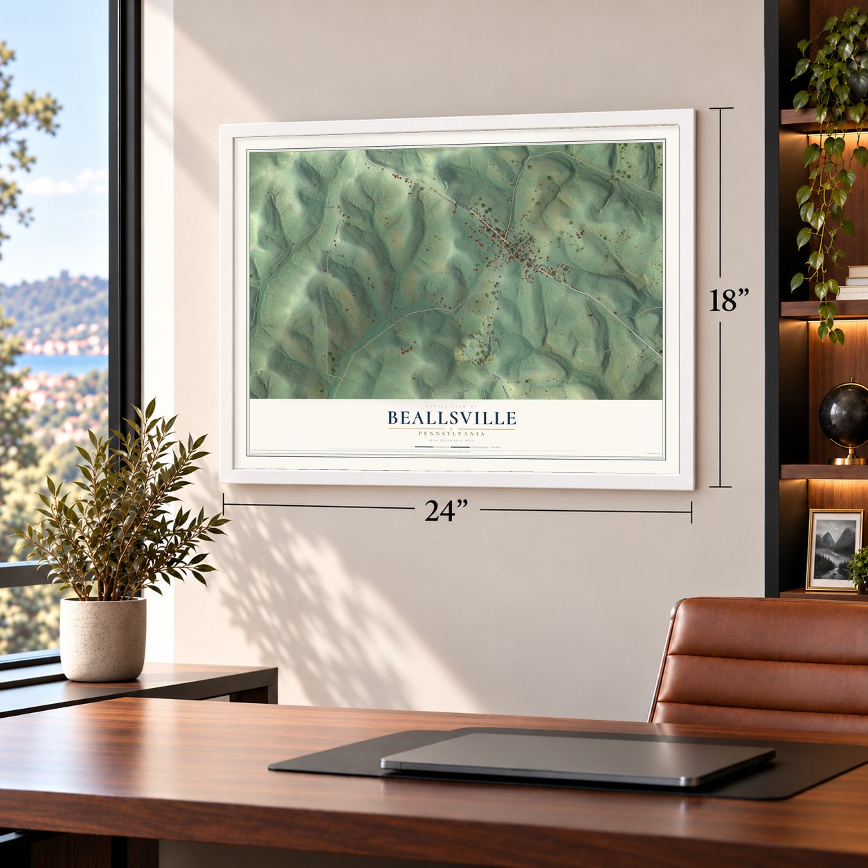 Beallsville, Pennsylvania map, 18 x 24 inch print in a white frame in a home office