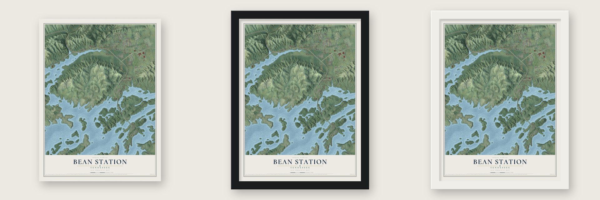 Bean Station, Tennessee map unframed, in a black wood frame and in a white wood frame
