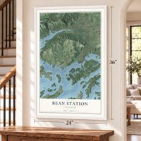Bean Station, Tennessee map, 24 x 36 inch print in a white frame by a staircase