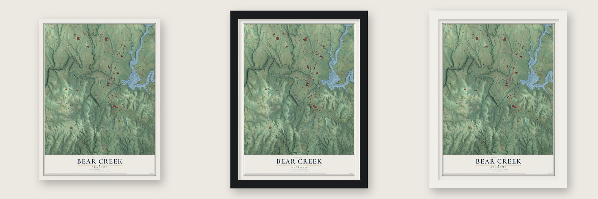Bear Creek, Alabama map unframed, in a black wood frame and in a white wood frame