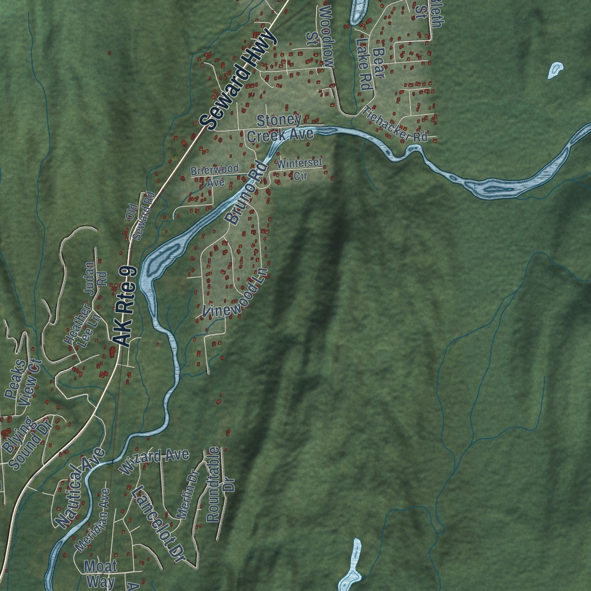Second close-up of the map of Bear Creek, Alaska print showing more streets and buildings