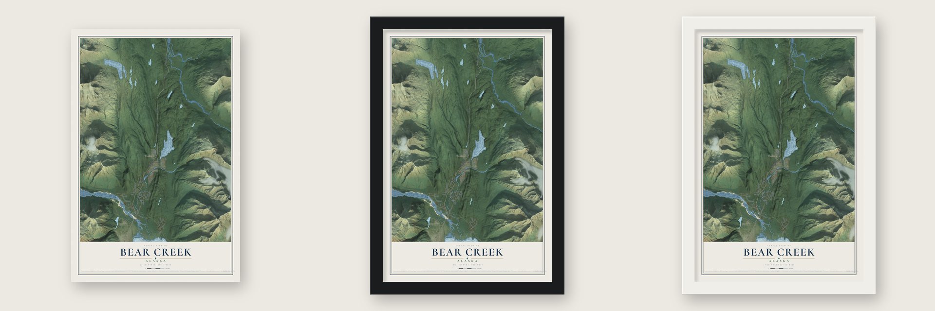 Bear Creek, Alaska map unframed, in a black wood frame and in a white wood frame