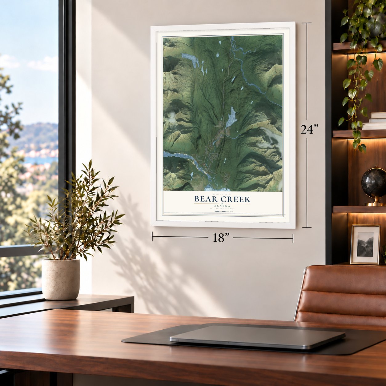 Bear Creek, Alaska map, 18 x 24 inch print in a white frame in a home office
