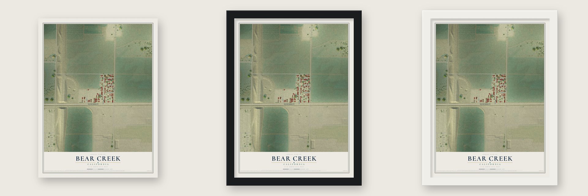 Bear Creek, California map unframed, in a black wood frame and in a white wood frame