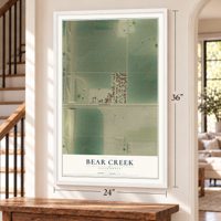Bear Creek, California map, 24 x 36 inch print in a white frame by a staircase