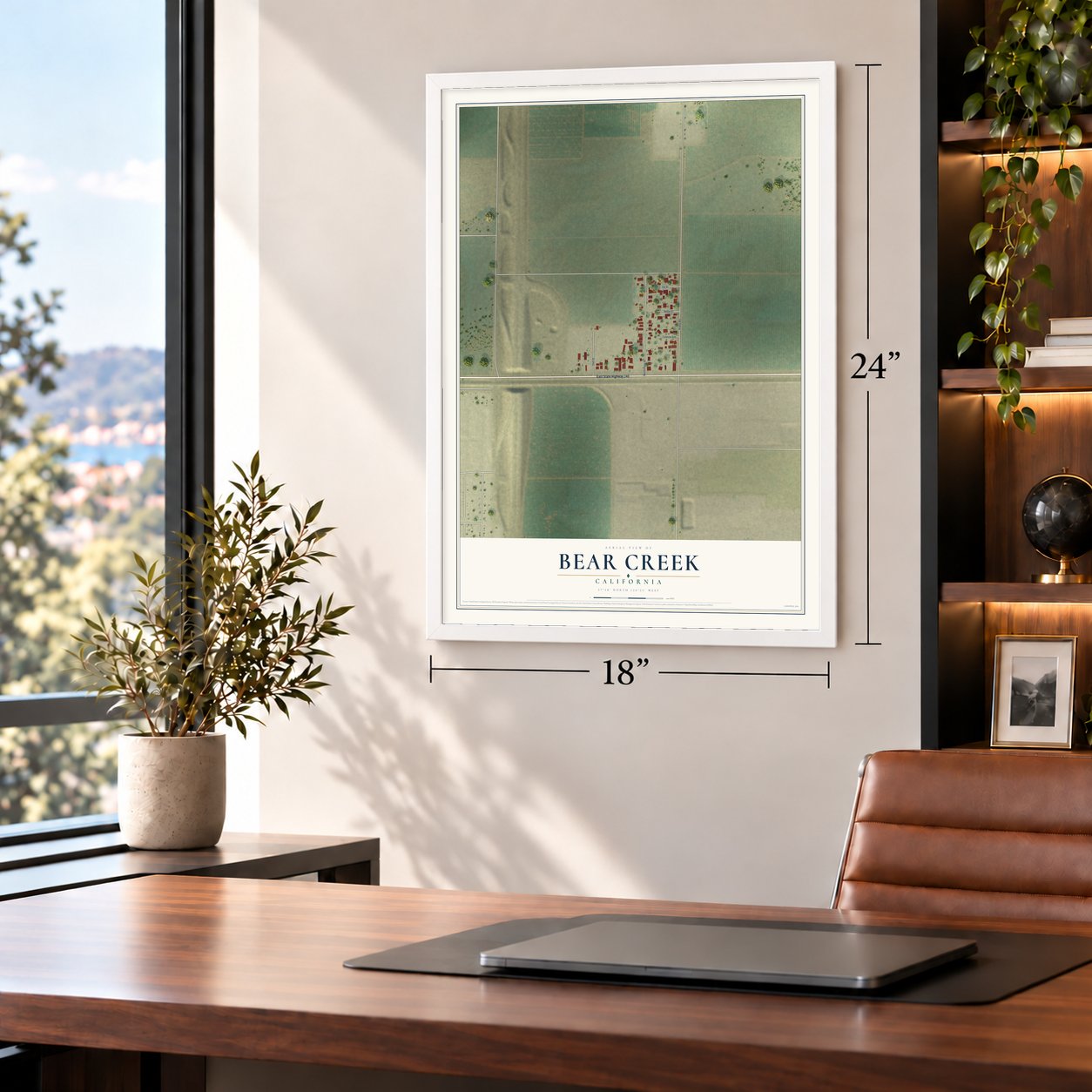 Bear Creek, California map, 18 x 24 inch print in a white frame in a home office