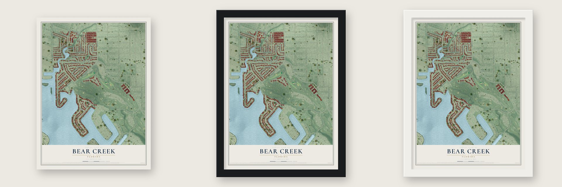 Bear Creek, Florida map unframed, in a black wood frame and in a white wood frame