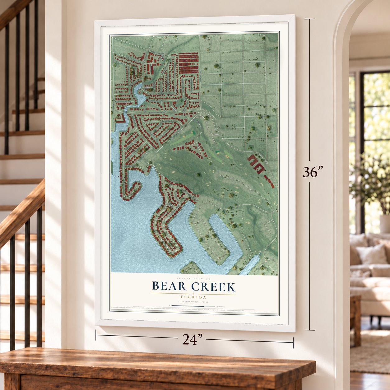 Bear Creek, Florida map, 24 x 36 inch print in a white frame by a staircase
