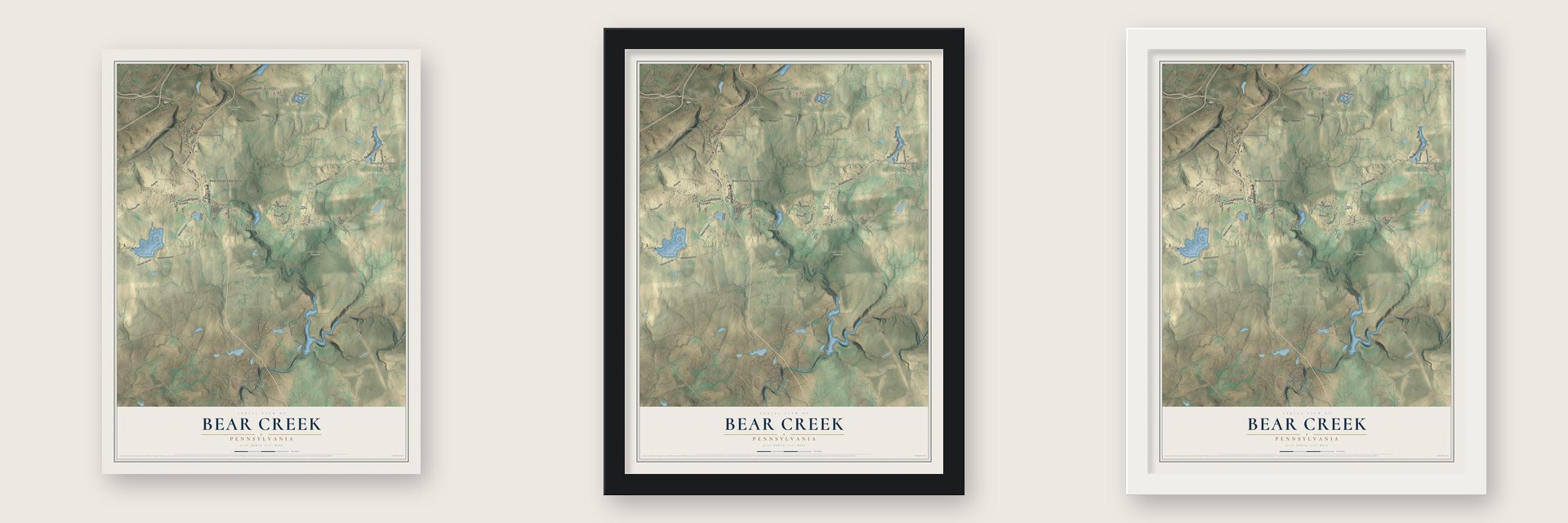Bear Creek, Pennsylvania map unframed, in a black wood frame and in a white wood frame
