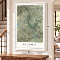 Bear Creek, Pennsylvania map, 24 x 36 inch print in a white frame by a staircase